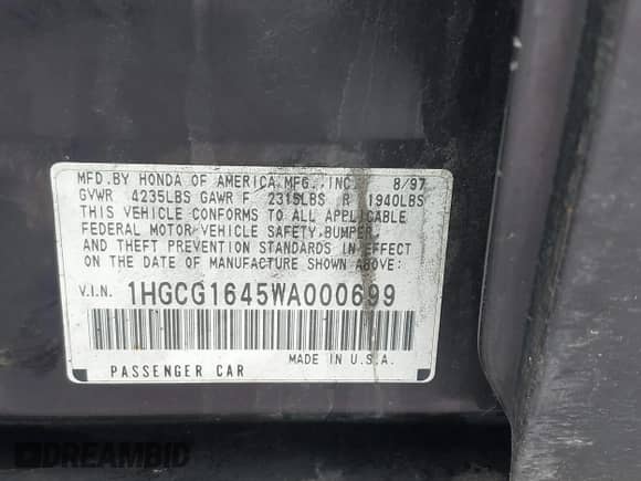 1998 Honda Accord LX z VIN 1HGCG1645WA000699, wystawiony jako IAAI lot #41598273 z przebiegiem 186 732 mil mil oraz . Historia ofert i sprzedaży dostępna na DreamBid. Obrazek 9.