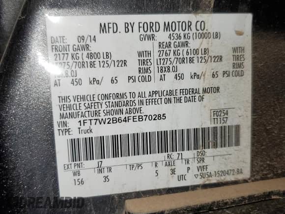 2015 Ford F-250 XL с VIN 1FT7W2B64FEB70285, выставлен на аукционе Copart как лот 85784805 с пробегом 139 018 миль миль и Чистый • Clean title. История ставок и продаж доступна на DreamBid. Изображение 12.