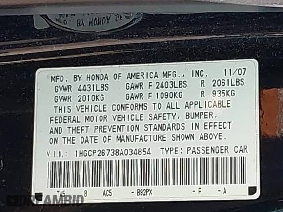 2008 Honda Accord EX with VIN 1HGCP26738A034854, listed as a IAAI auction lot 43350673 with 324,244 mi miles and . Bid and sale history available at DreamBid. Image 9.