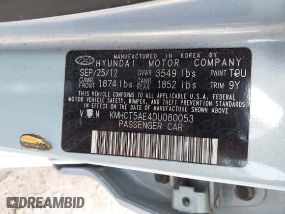 2013 Hyundai Accent GS с VIN KMHCT5AE4DU080053, выставлен на аукционе IAAI как лот 43441065 с пробегом 65 064 миль миль и . История ставок и продаж доступна на DreamBid. Изображение 9.