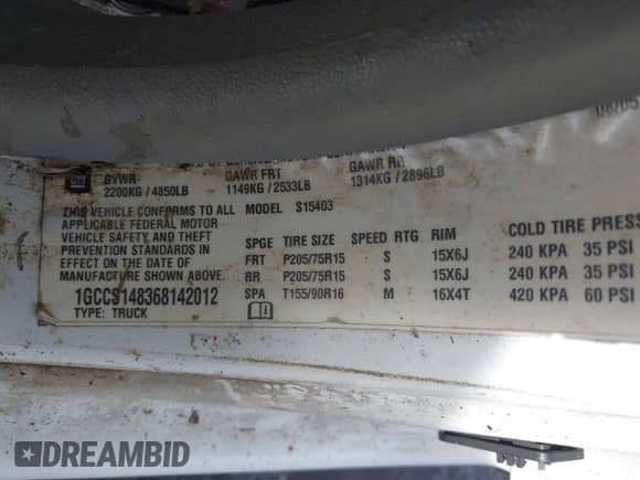 2006 Chevrolet Colorado Work Truck with VIN 1GCCS148368142012, listed as a IAAI auction lot 41757527 with 205,897 mi miles and . Bid and sale history available at DreamBid. Image 9.