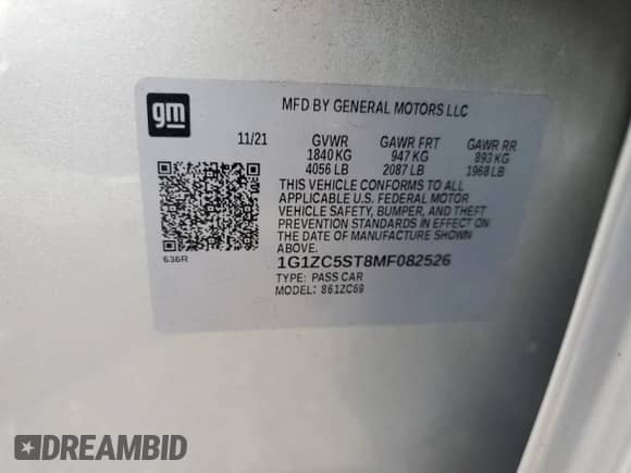 2021 Chevrolet Malibu LS with VIN 1G1ZC5ST8MF082526, listed as a Copart auction lot 70691635 with 43,147 mi miles and Salvage title. Bid and sale history available at DreamBid. Image 12.