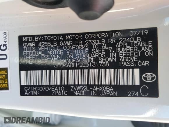 2020 Toyota Prius LE with VIN JTDKARFP2L3131738, listed as a Copart auction lot 89668615 with 66,235 mi miles and Salvage title. Bid and sale history available at DreamBid. Image 13.