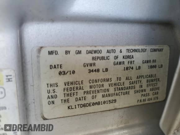 2010 Chevrolet Aveo 1LT с VIN KL1TD6DE0AB101529, выставлен на аукционе Copart как лот 66350614 с пробегом Не указан миль и Списание • Salvage title. История ставок и продаж доступна на DreamBid. Изображение 13.