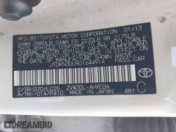 2013 Toyota Prius One с VIN JTDKN3DU9D1644914, выставлен на аукционе IAAI как лот 43023871 с пробегом 189 106 миль миль и . История ставок и продаж доступна на DreamBid. Изображение 9.