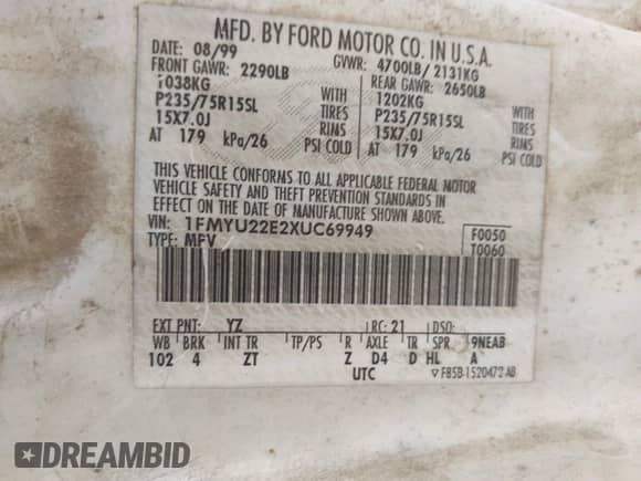 1999 Ford Explorer with VIN 1FMYU22E2XUC69949, listed as a IAAI auction lot 43340828 with 275,871 mi miles and . Bid and sale history available at DreamBid. Image 9.