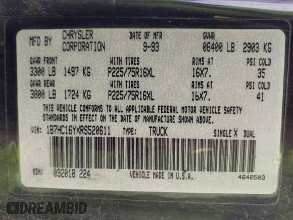 1994 Dodge 1500 z VIN 1B7HC16YXRS520611, wystawiony jako IAAI lot #42764906 z przebiegiem 181 142 mil mil oraz . Historia ofert i sprzedaży dostępna na DreamBid. Obrazek 9.