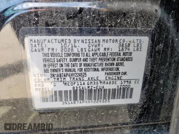 2017 Nissan Sentra SR with VIN 3N1AB7AP4HY224525, listed as a Copart auction lot 71418035 with 59,724 mi miles and Salvage title. Bid and sale history available at DreamBid. Image 13.