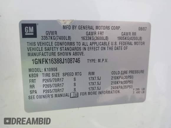 2008 Chevrolet Suburban 3LT z VIN 1GNFK16388J108746, wystawiony jako IAAI lot #41869151 z przebiegiem 274 851 mil mil oraz . Historia ofert i sprzedaży dostępna na DreamBid. Obrazek 9.
