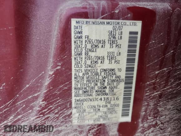 2007 Nissan Frontier SE z VIN 1N6AD07W37C438116, wystawiony jako Copart lot #43601455 z przebiegiem Nie podano mil oraz Szkoda całkowita • Salvage title. Historia ofert i sprzedaży dostępna na DreamBid. Obrazek 13.
