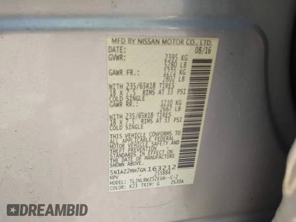 2016 Nissan Murano S with VIN 5N1AZ2MH7GN163212, listed as a IAAI auction lot 42106883 with 76,326 mi miles and . Bid and sale history available at DreamBid. Image 9.