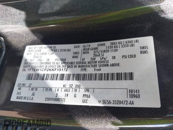 2019 Ford F-150 XL with VIN 1FTEW1CP2KKF15172, listed as a IAAI auction lot 43037025 with 73,666 mi miles and . Bid and sale history available at DreamBid. Image 9.