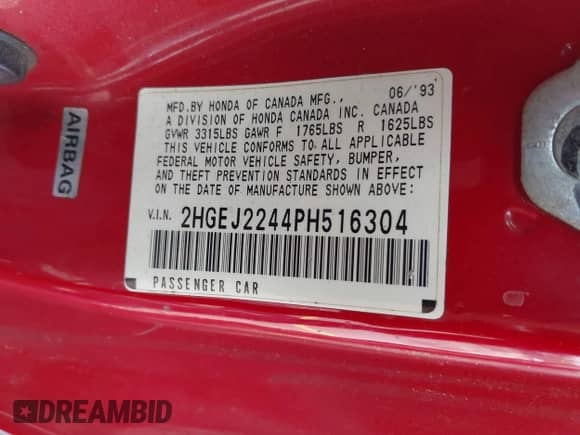 1993 Honda Civic z VIN 2HGEJ2244PH516304, wystawiony jako IAAI lot #42231521 z przebiegiem 175 119 mil mil oraz . Historia ofert i sprzedaży dostępna na DreamBid. Obrazek 9.