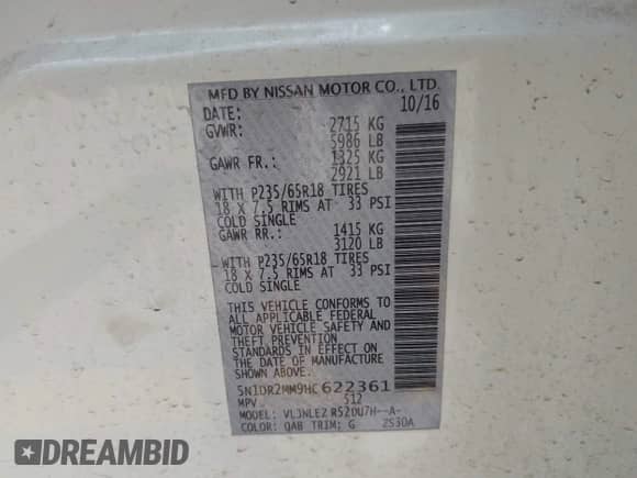 2017 Nissan Pathfinder SL с VIN 5N1DR2MM9HC622361, выставлен на аукционе IAAI как лот 42238045 с пробегом 111 607 миль миль и . История ставок и продаж доступна на DreamBid. Изображение 9.