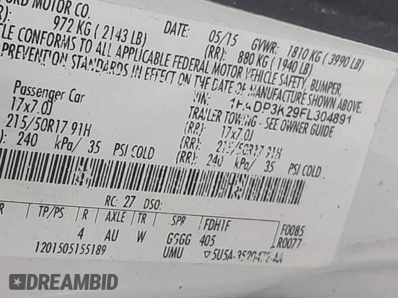 2015 Ford Focus SE z VIN 1FADP3K29FL304891, wystawiony jako IAAI lot #43292974 z przebiegiem 156 129 mil mil oraz . Historia ofert i sprzedaży dostępna na DreamBid. Obrazek 9.