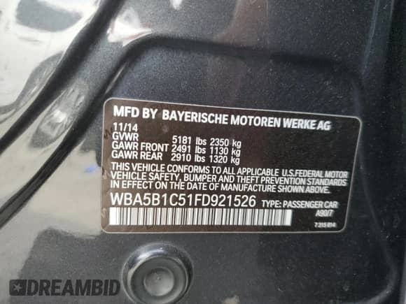 2015 BMW 5 Series 535i с VIN WBA5B1C51FD921526, выставлен на аукционе Copart как лот 69629085 с пробегом 118 416 миль миль и Списание • Salvage title. История ставок и продаж доступна на DreamBid. Изображение 12.