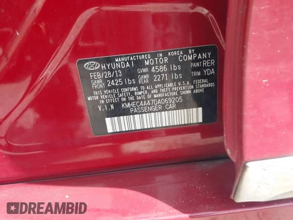 2013 Hyundai Sonata Limited with VIN KMHEC4A47DA069205, listed as a IAAI auction lot 42865466 with 146,015 mi miles and . Bid and sale history available at DreamBid. Image 9.