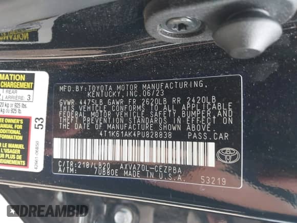 2023 Toyota Camry XSE with VIN 4T1K61AK4PU828838, listed as a IAAI auction lot 43087534 with 19,542 mi miles and . Bid and sale history available at DreamBid. Image 9.