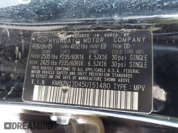 2005 Hyundai Tucson GLS с VIN KM8JN12D45U151480, выставлен на аукционе IAAI как лот 42838327 с пробегом Не указан миль и . История ставок и продаж доступна на DreamBid. Изображение 9.