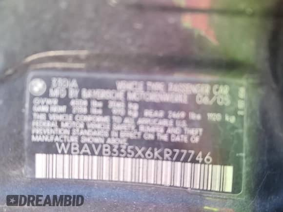 2006 BMW 3 Series 330i с VIN WBAVB335X6KR77746, выставлен на аукционе Copart как лот 80144935 с пробегом 123 424 миль миль и Списание • Salvage title. История ставок и продаж доступна на DreamBid. Изображение 13.