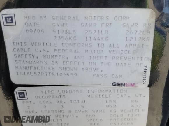 1996 Chevrolet Caprice 1SA Special Value с VIN 1G1BL52P7TR106459, выставлен на аукционе Copart как лот 62546605 с пробегом 68 547 миль миль и Списание • Salvage title. История ставок и продаж доступна на DreamBid. Изображение 12.