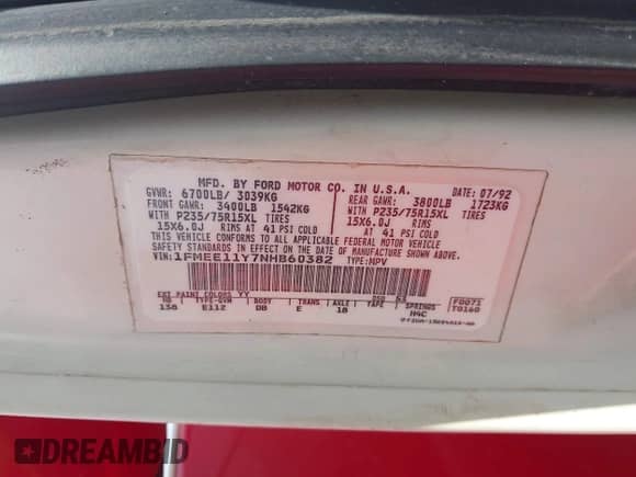 1992 Ford Econoline Cargo with VIN 1FMEE11Y7NHB60382, listed as a IAAI auction lot 43247475 with 105,914 mi miles and . Bid and sale history available at DreamBid. Image 9.