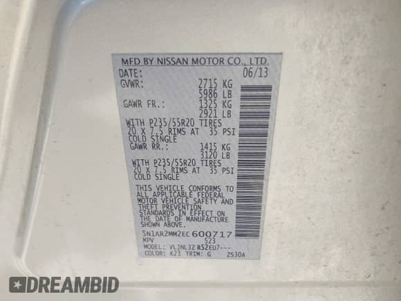 2014 Nissan Pathfinder SV z VIN 5N1AR2MM2EC600717, wystawiony jako IAAI lot #42335010 z przebiegiem 116 887 mil mil oraz . Historia ofert i sprzedaży dostępna na DreamBid. Obrazek 9.