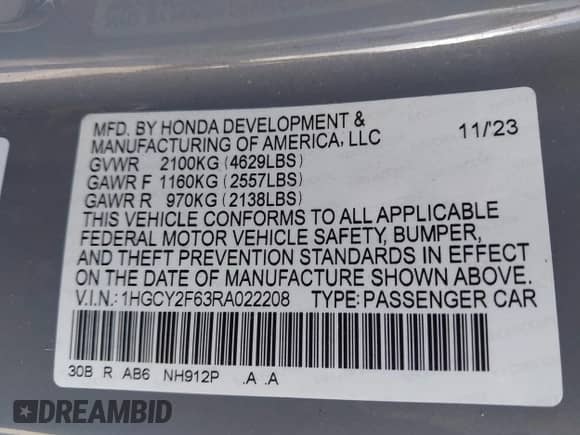 2024 Honda Accord EX-L z VIN 1HGCY2F63RA022208, wystawiony jako IAAI lot #41990361 z przebiegiem 56 296 mil mil oraz . Historia ofert i sprzedaży dostępna na DreamBid. Obrazek 9.