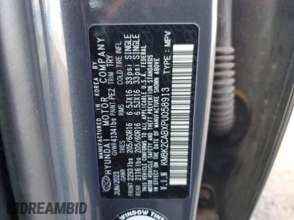 2023 Hyundai Kona SE with VIN KM8K2CABXPU058913, listed as a Copart auction lot 69414305 with 16,091 mi miles and Salvage title. Bid and sale history available at DreamBid. Image 12.