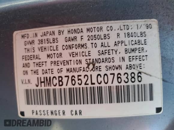 1990 Honda Accord LX with VIN JHMCB7652LC076386, listed as a Copart auction lot 57727165 with 245,375 mi miles and Salvage title. Bid and sale history available at DreamBid. Image 12.