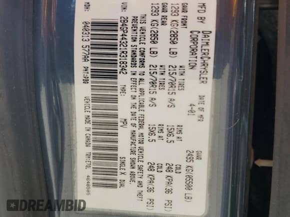 2001 Dodge Caravan Sport z VIN 2B4GP44321R318342, wystawiony jako Copart lot #67963175 z przebiegiem 159 481 mil mil oraz Czysty tytuł • Clean title. Historia ofert i sprzedaży dostępna na DreamBid. Obrazek 13.