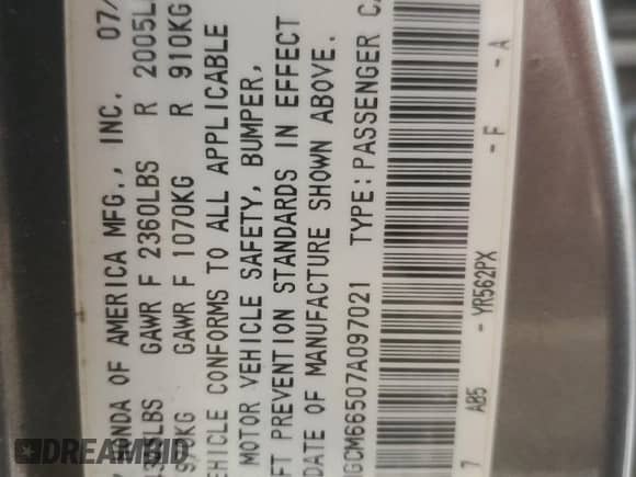 2007 Honda Accord EX-L with VIN 1HGCM66507A097021, listed as a Copart auction lot 82429595 with 234,858 mi miles and Salvage title. Bid and sale history available at DreamBid. Image 12.