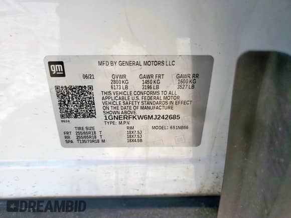 2021 Chevrolet Traverse LS with VIN 1GNERFKW6MJ242685, listed as a Copart auction lot 68121205 with 55,853 mi miles and Salvage title. Bid and sale history available at DreamBid. Image 13.