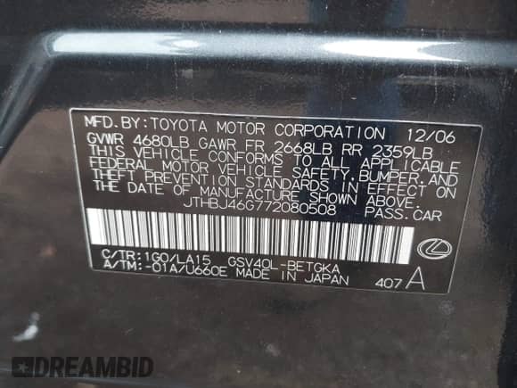 2007 Lexus ES 330 z VIN JTHBJ46G772080508, wystawiony jako IAAI lot #43415079 z przebiegiem 182 227 mil mil oraz . Historia ofert i sprzedaży dostępna na DreamBid. Obrazek 9.