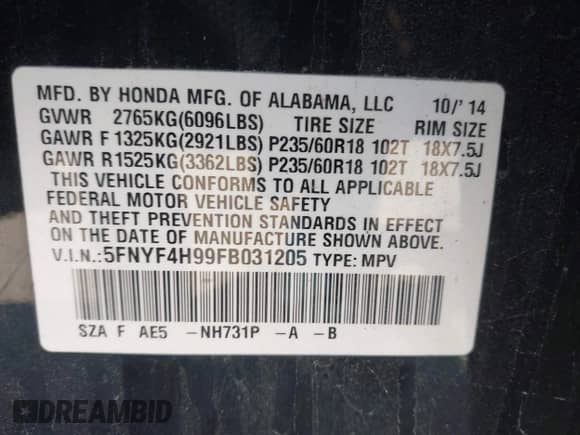 2015 Honda Pilot Touring z VIN 5FNYF4H99FB031205, wystawiony jako IAAI lot #43533659 z przebiegiem 233 040 mil mil oraz . Historia ofert i sprzedaży dostępna na DreamBid. Obrazek 9.