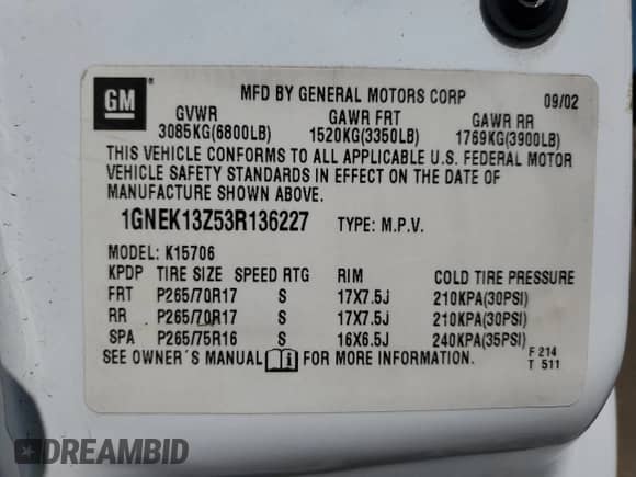 2003 Chevrolet Tahoe Z71 z VIN 1GNEK13Z53R136227, wystawiony jako Copart lot #70632475 z przebiegiem 237 333 mil mil oraz Szkoda całkowita • Salvage title. Historia ofert i sprzedaży dostępna na DreamBid. Obrazek 13.