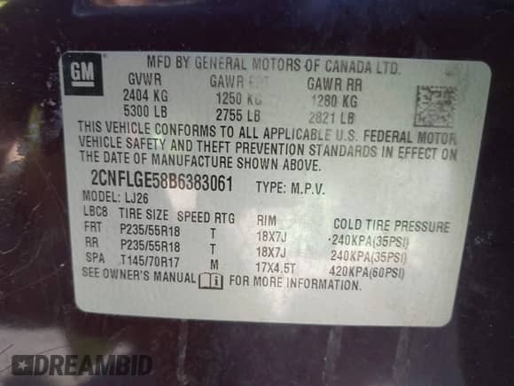 2011 Chevrolet Equinox LTZ with VIN 2CNFLGE58B6383061, listed as a IAAI auction lot 43000593 with 149,103 mi miles and . Bid and sale history available at DreamBid. Image 9.