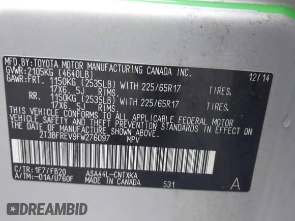 2015 Toyota RAV4 LE z VIN 2T3BFREV9FW276097, wystawiony jako IAAI lot #43397176 z przebiegiem 164 435 mil mil oraz . Historia ofert i sprzedaży dostępna na DreamBid. Obrazek 9.