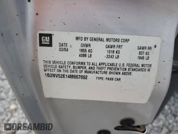 2004 Pontiac Grand Am GT1 с VIN 1G2NV52E14M667692, выставлен на аукционе Copart как лот 73339504 с пробегом 156 066 миль миль и Списание • Salvage title. История ставок и продаж доступна на DreamBid. Изображение 13.