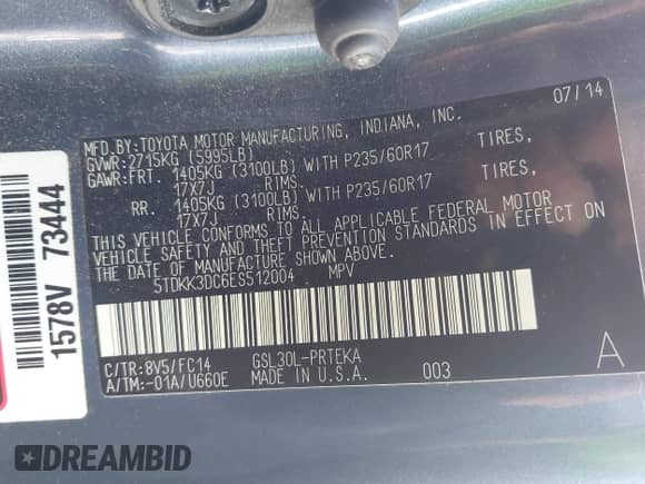 2014 Toyota Sienna LE AAS with VIN 5TDKK3DC6ES512004, listed as a IAAI auction lot 43304230 with 149,149 mi miles and . Bid and sale history available at DreamBid. Image 9.