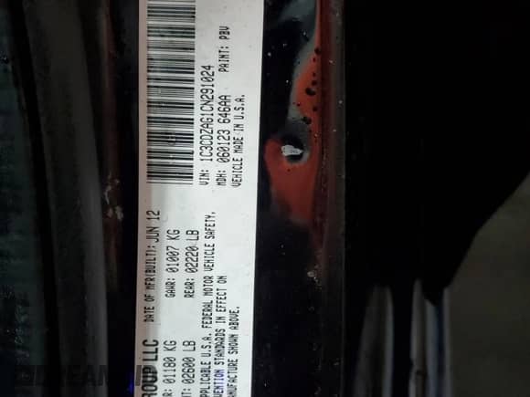 2012 Dodge Avenger SE with VIN 1C3CDZAG1CN291024, listed as a Copart auction lot 66463935 with 269,736 mi miles and Salvage title. Bid and sale history available at DreamBid. Image 12.