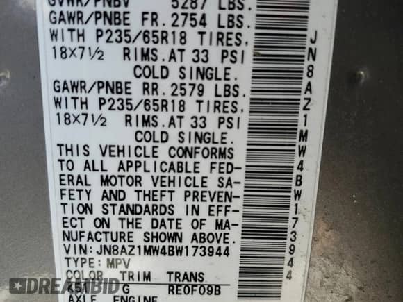 2011 Nissan Murano SL with VIN JN8AZ1MW4BW173944, listed as a Copart auction lot 86439045 with 133,054 mi miles and Clean title. Bid and sale history available at DreamBid. Image 13.