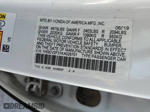 2019 Honda Accord Sport with VIN 1HGCV2F31KA026701, listed as a Copart auction lot 70272355 with 92,960 mi miles and Salvage title. Bid and sale history available at DreamBid. Image 12.
