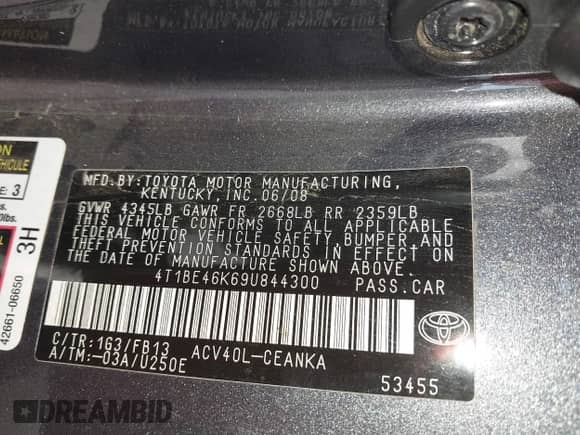 2009 Toyota Camry with VIN 4T1BE46K69U844300, listed as a IAAI auction lot 43425832 with 180,274 mi miles and . Bid and sale history available at DreamBid. Image 9.