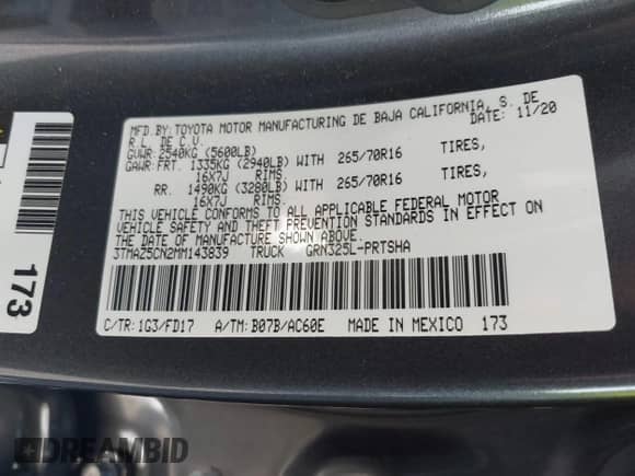 2021 Toyota Tacoma SR5 with VIN 3TMAZ5CN2MM143839, listed as a IAAI auction lot 41361681 with Not provided miles and . Bid and sale history available at DreamBid. Image 9.