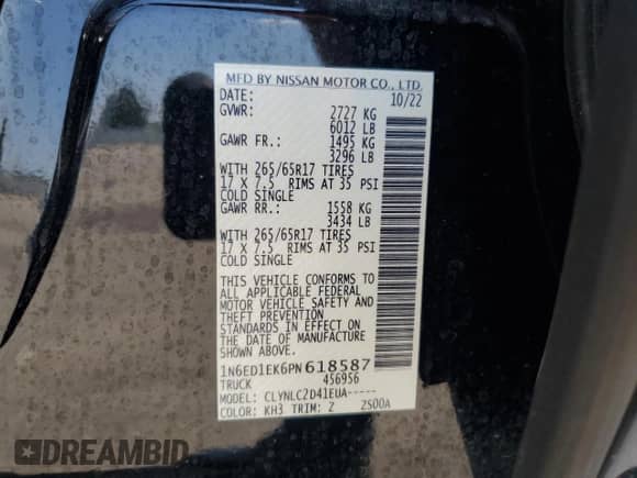 2023 Nissan Frontier S with VIN 1N6ED1EK6PN618587, listed as a Copart auction lot 62714495 with 22,754 mi miles and Salvage title. Bid and sale history available at DreamBid. Image 12.