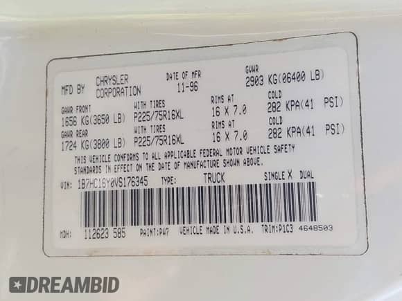 1997 Dodge 1500 z VIN 1B7HC16Y0VS176345, wystawiony jako IAAI lot #41947869 z przebiegiem 222 103 mil mil oraz . Historia ofert i sprzedaży dostępna na DreamBid. Obrazek 9.