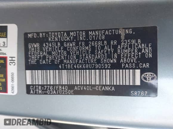 2008 Toyota Camry LE with VIN 4T1BE46K68U790592, listed as a IAAI auction lot 42899335 with 213,952 mi miles and . Bid and sale history available at DreamBid. Image 9.