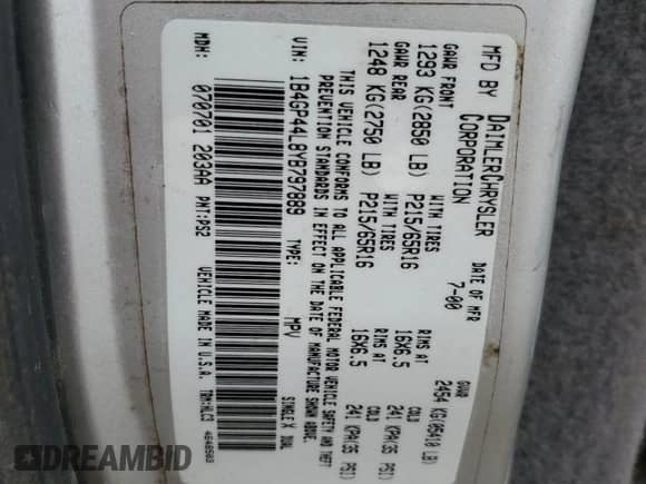 2000 Dodge Caravan SE z VIN 1B4GP44L8YB797889, wystawiony jako Copart lot #45571635 z przebiegiem 264 827 mil mil oraz Nie do naprawy • Non repairable. Historia ofert i sprzedaży dostępna na DreamBid. Obrazek 14.