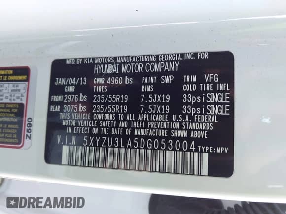 2013 Hyundai Santa Fe Sport with VIN 5XYZU3LA5DG053004, listed as a IAAI auction lot 43527160 with 102,448 mi miles and . Bid and sale history available at DreamBid. Image 9.